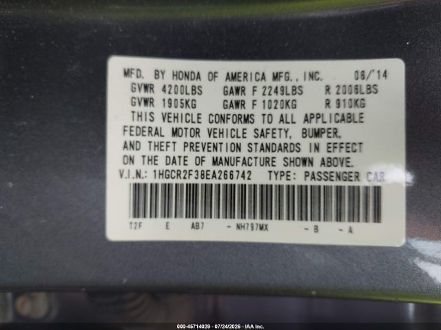 Продаж на аукціоні авто 2014 Honda Accord Lx, vin: 1HGCR2F38EA266742, номер лоту: 45714029