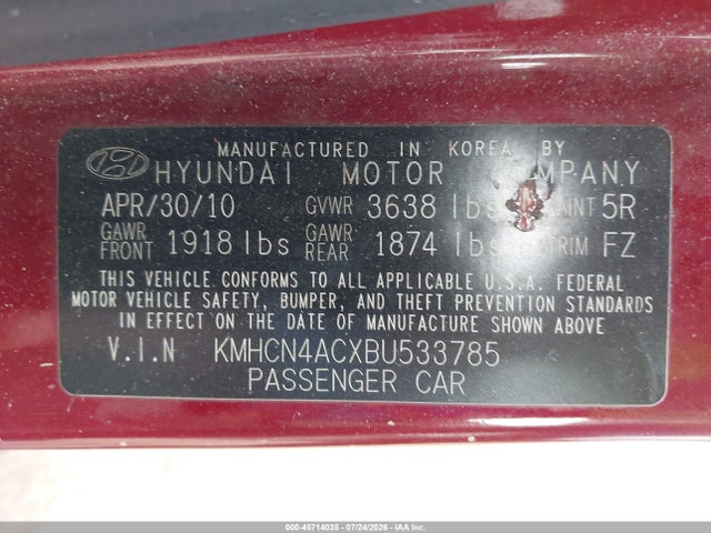 Продаж на аукціоні авто 2011 Hyundai Accent Gls, vin: KMHCN4ACXBU533785, номер лоту: 45714035