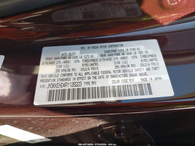 Продажа на аукционе авто 2024 Mazda Cx-90 3.3 Turbo Premium Plus, vin: JM3KKEHD4R1126223, номер лота: 45714038