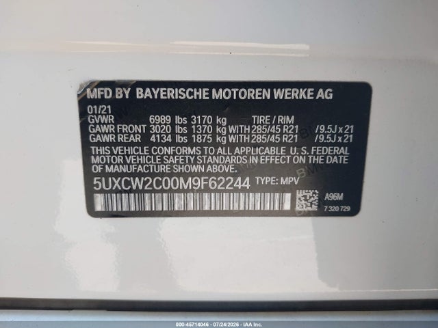 2021 Bmw X7 Xdrive40i მანქანა იყიდება აუქციონზე, vin: 5UXCW2C00M9F62244, აუქციონის ნომერი: 45714046