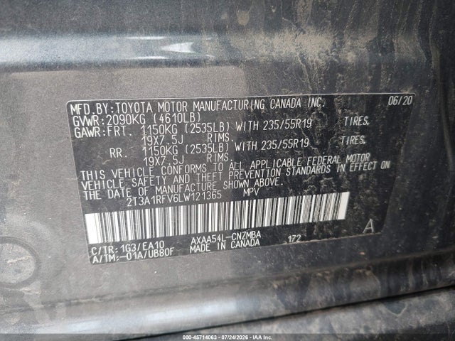 45714063 :رقم المزاد ، 2T3A1RFV6LW121365 vin ، 2020 Toyota Rav4 Xle Premium مزاد بيع