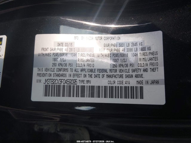 2015 Mazda Cx-9 Touring მანქანა იყიდება აუქციონზე, vin: JM3TB2CV3F0459095, აუქციონის ნომერი: 45714079