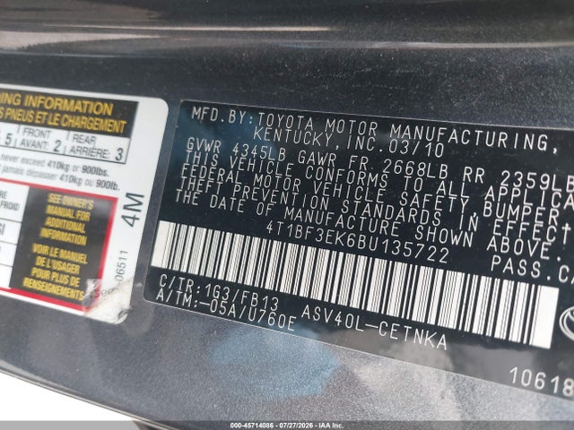 2011 Toyota Camry Le მანქანა იყიდება აუქციონზე, vin: 4T1BF3EK6BU135722, აუქციონის ნომერი: 45714086