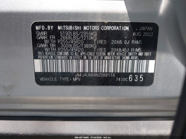 2022 Mitsubishi Outlander Black Edition S-awc/se 2.5 S-awc/se Launch Edition S-awc მანქანა იყიდება აუქციონზე, vin: JA4J4UA84NZ088116, აუქციონის ნომერი: 45714088
