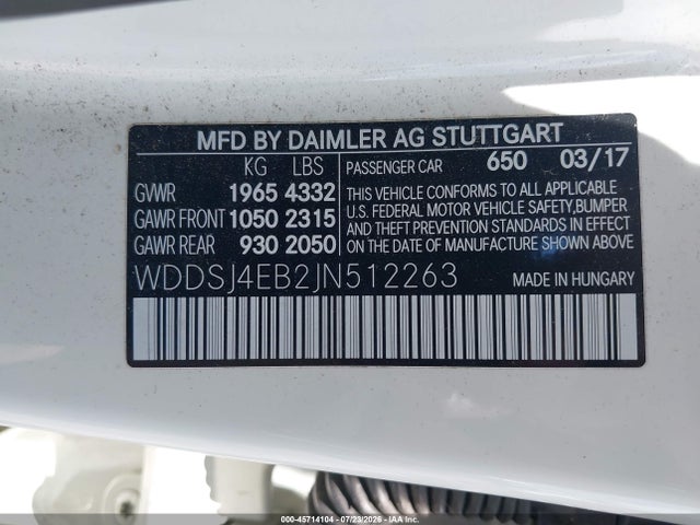 45714104 :رقم المزاد ، WDDSJ4EB2JN512263 vin ، 2018 Mercedes-benz Cla 250 مزاد بيع