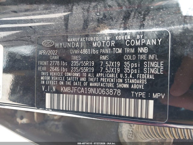 Aukcja sprzedaży 2022 Hyundai Tucson Hybrid Sel Convenience, vin: KM8JFCA19NU063878, numer aukcji: 45714110