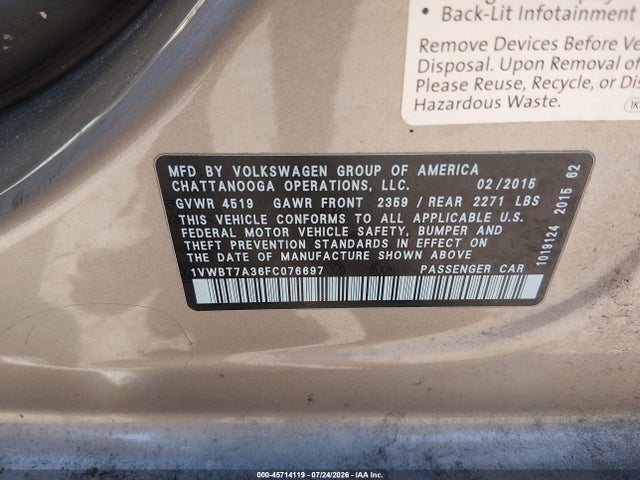 2015 Volkswagen Passat 1.8t Se მანქანა იყიდება აუქციონზე, vin: 1VWBT7A36FC076697, აუქციონის ნომერი: 45714119