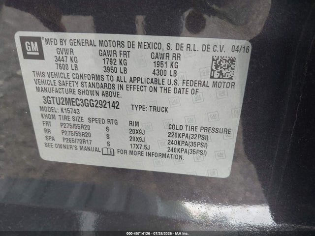 Aukcja sprzedaży 2016 Gmc Sierra 1500 Sle, vin: 3GTU2MEC3GG292142, numer aukcji: 45714126
