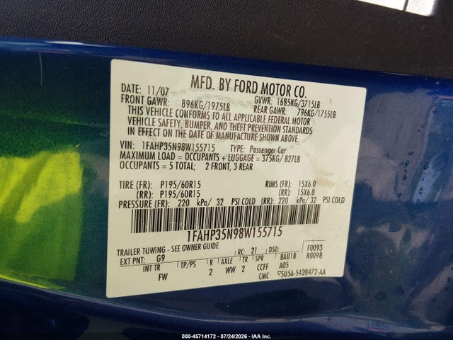 Продаж на аукціоні авто 2008 Ford Focus Se/ses, vin: 1FAHP35N98W155715, номер лоту: 45714172