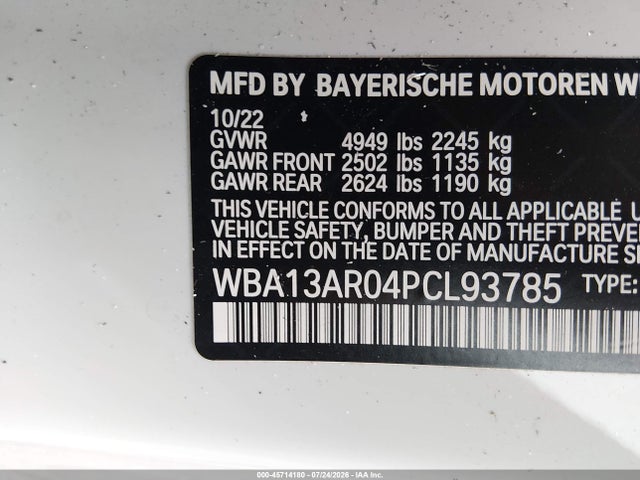 45714180 :رقم المزاد ، WBA13AR04PCL93785 vin ، 2023 Bmw M440i Xdrive مزاد بيع