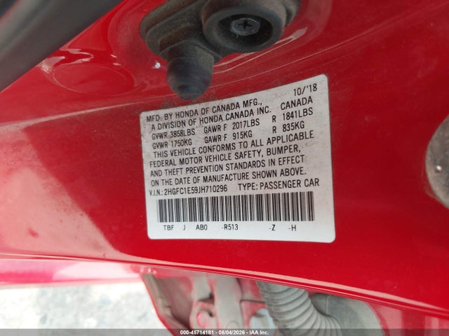 Auction sale of the 2018 Honda Civic Si, vin: 2HGFC1E59JH710296, lot number: 45714181