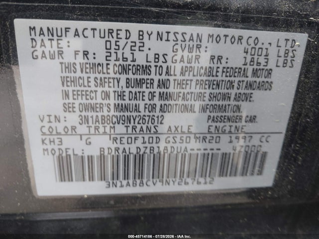 2022 Nissan Sentra Sv Xtronic Cvt მანქანა იყიდება აუქციონზე, vin: 3N1AB8CV9NY267612, აუქციონის ნომერი: 45714186
