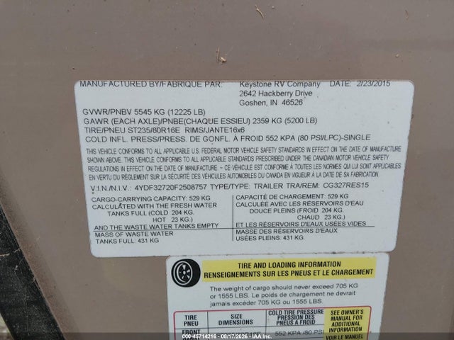 Продажа на аукционе авто 2015 Keystone Cougar Xli, vin: 4YDF32720F2508757, номер лота: 45714216