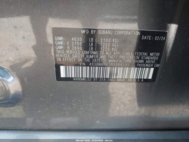 45714232 :رقم المزاد ، 4S3BWAN67R3023295 vin ، 2024 Subaru Legacy Limited مزاد بيع