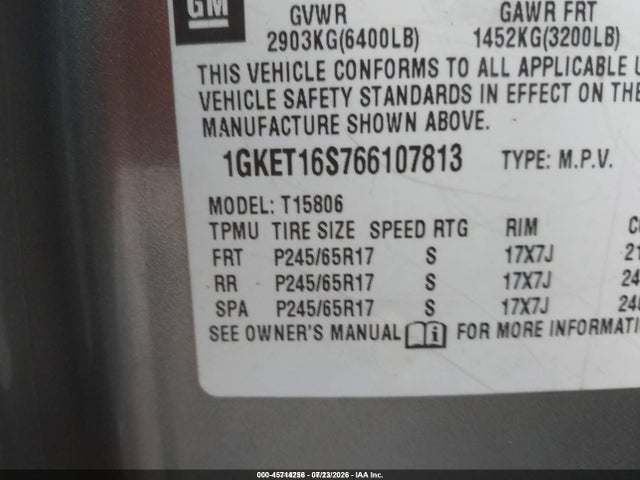 Aukcja sprzedaży 2006 Gmc Envoy Xl Slt, vin: 1GKET16S766107813, numer aukcji: 45714256