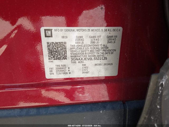 Aukcja sprzedaży 2020 Chevrolet Equinox Fwd 2fl, vin: 3GNAXJEV0LS522125, numer aukcji: 45714259