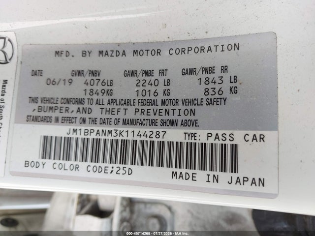45714265 :رقم المزاد ، JM1BPANM3K1144287 vin ، 2019 Mazda Mazda3 Premium Package مزاد بيع