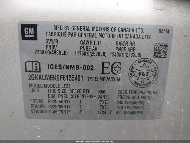 45714298 :رقم المزاد ، 2GKALMEK9F6135401 vin ، 2015 Gmc Terrain Sle-1 مزاد بيع