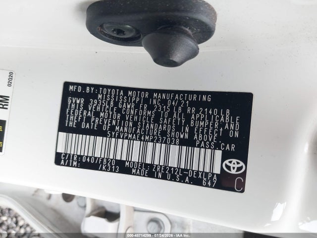Продажа на аукционе авто 2021 Toyota Corolla Le, vin: 5YFVPMAE4MP237038, номер лота: 45714299