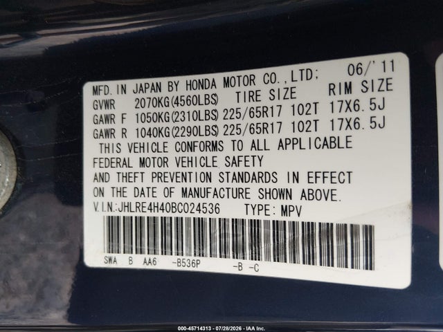 Продаж на аукціоні авто 2011 Honda Cr-v Se, vin: JHLRE4H40BC024536, номер лоту: 45714313