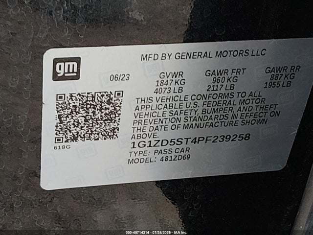 45714314 :رقم المزاد ، 1G1ZD5ST4PF239258 vin ، 2023 Chevrolet Malibu Fwd 1lt مزاد بيع