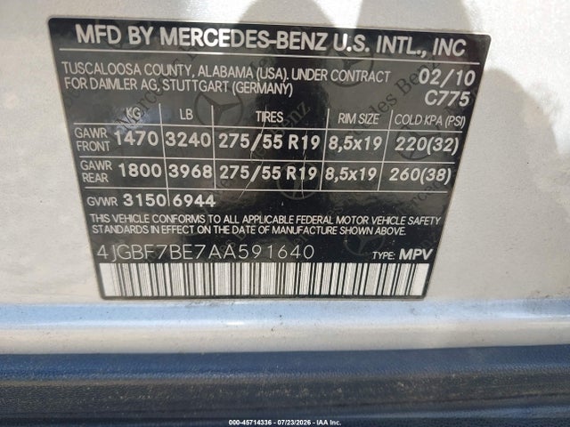 Продаж на аукціоні авто 2010 Mercedes-benz Gl 450 4matic, vin: 4JGBF7BE7AA591640, номер лоту: 45714336