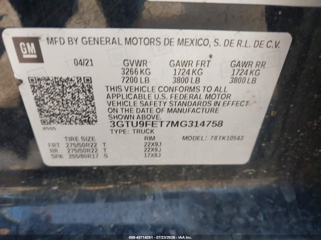 2021 Gmc Sierra 1500 4wd  Short Box Denali მანქანა იყიდება აუქციონზე, vin: 3GTU9FET7MG314758, აუქციონის ნომერი: 45714351