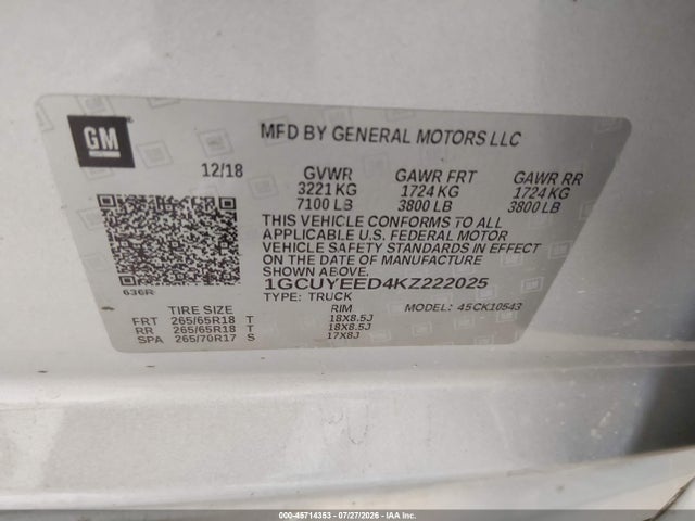 45714353 :رقم المزاد ، 1GCUYEED4KZ222025 vin ، 2019 Chevrolet Silverado 1500 Rst مزاد بيع