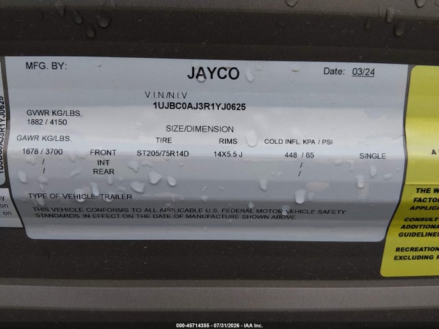 Продажа на аукционе авто 2024 Jayco Other, vin: 1UJBC0AJ3R1YJ0625, номер лота: 45714355