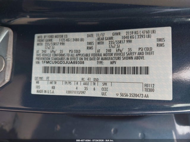 Ford ESCAPE SE 2018 1FMCU9GD3JUA89308 Image 9