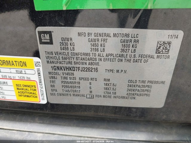 45714377 :رقم المزاد ، 1GNKVHKD7FJ226216 vin ، 2015 Chevrolet Traverse Lt مزاد بيع