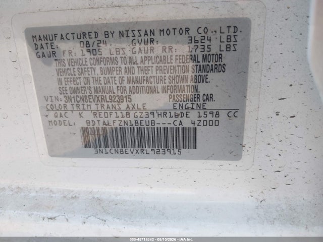 3N1CN8EVXRL923915 Nissan Versa 1.6 Sv