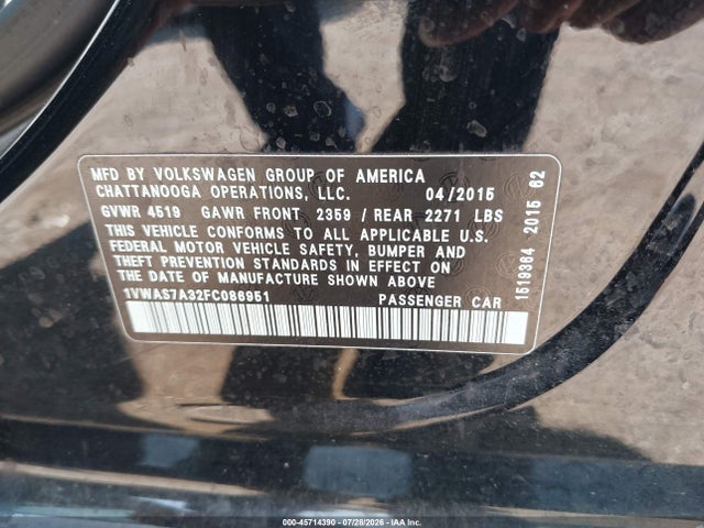 Продажа на аукционе авто 2015 Volkswagen Passat 1.8t Limited Edition, vin: 1VWAS7A32FC086951, номер лота: 45714390