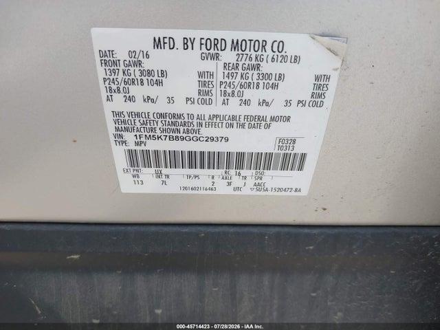 Продажа на аукционе авто 2016 Ford Explorer, vin: 1FM5K7B89GGC29379, номер лота: 45714423