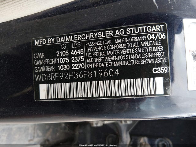 45714427 :رقم المزاد ، WDBRF92H36F819604 vin ، 2006 Mercedes-benz C 280 Luxury 4matic مزاد بيع