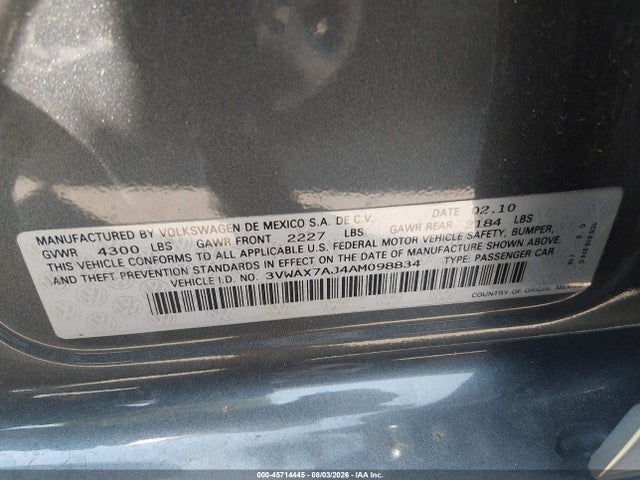 45714445 :رقم المزاد ، 3VWAX7AJ4AM098834 vin ، 2010 Volkswagen Jetta Limited Edition مزاد بيع