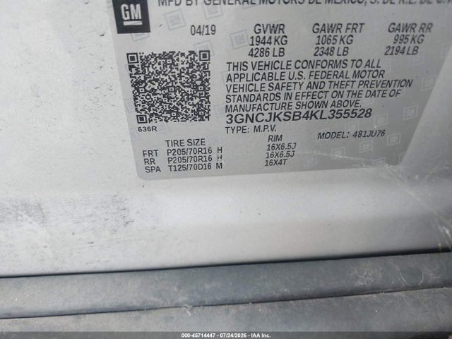 Продажа на аукционе авто 2019 Chevrolet Trax Ls, vin: 3GNCJKSB4KL355528, номер лота: 45714447