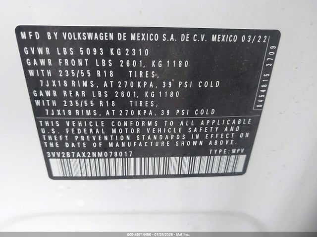 Продажа на аукционе авто 2022 Volkswagen Tiguan 2.0t Se, vin: 3VV2B7AX2NM078017, номер лота: 45714450