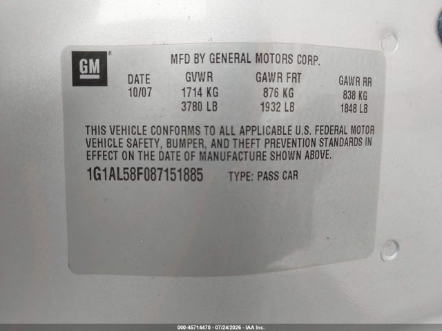 Продажа на аукционе авто 2008 Chevrolet Cobalt Lt, vin: 1G1AL58F087151885, номер лота: 45714470