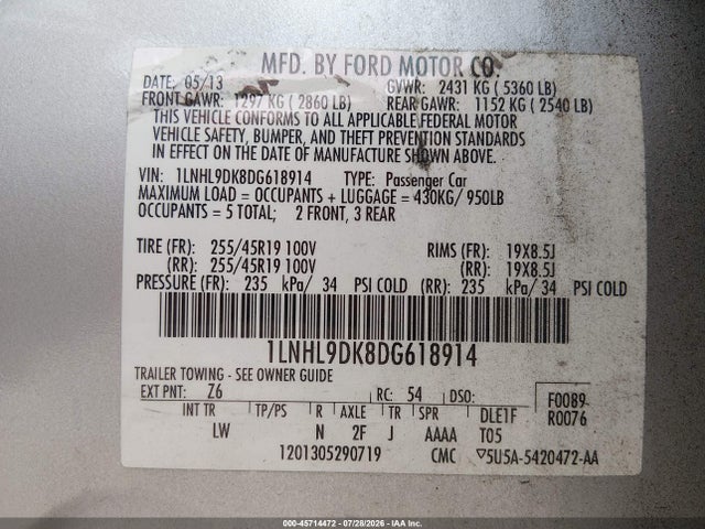 Продаж на аукціоні авто 2013 Lincoln Mks, vin: 1LNHL9DK8DG618914, номер лоту: 45714472