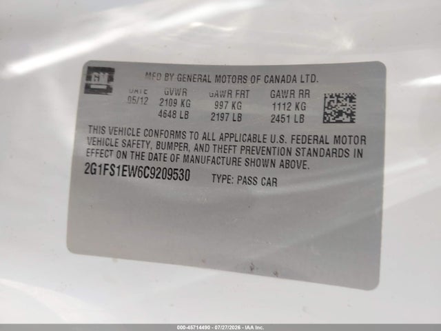 Продажа на аукционе авто 2012 Chevrolet Camaro 1ss, vin: 2G1FS1EW6C9209530, номер лота: 45714490