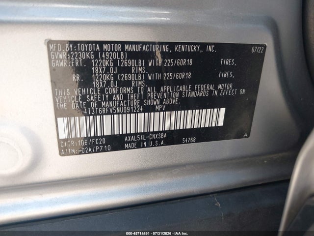 4T3T6RFV5NU091224 Toyota Rav4 Hybrid Se