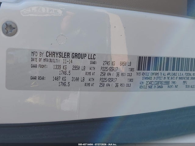 Продаж на аукціоні авто 2015 Chrysler Town & Country Touring-l, vin: 2C4RC1CG8FR619988, номер лоту: 45714494