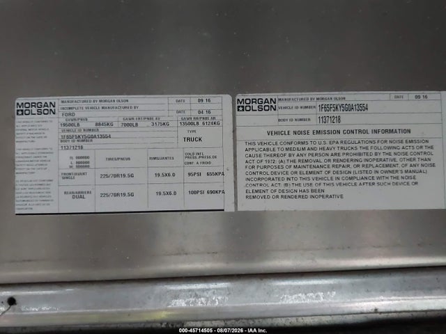 45714505 :رقم المزاد ، 1F65F5KY5G0A13554 vin ، 2016 Ford F-59 Commercial Stripped مزاد بيع