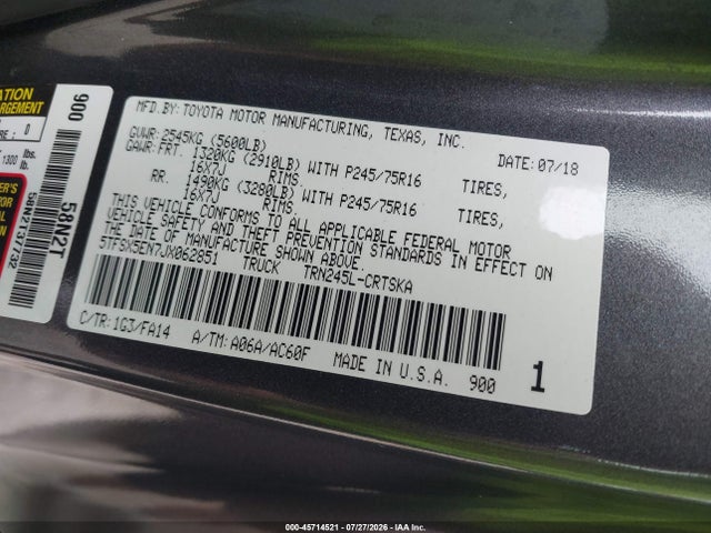 Продаж на аукціоні авто 2018 Toyota Tacoma Sr, vin: 5TFSX5EN7JX062851, номер лоту: 45714521