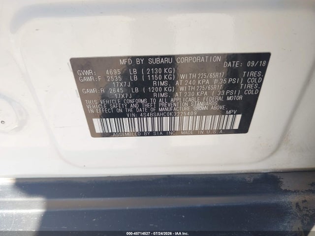 2019 Subaru Outback 2.5i Premium მანქანა იყიდება აუქციონზე, vin: 4S4BSAHC0K3225409, აუქციონის ნომერი: 45714527