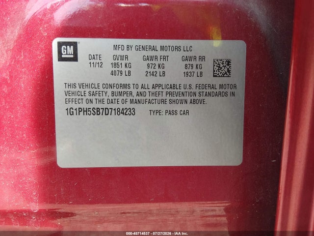 Продаж на аукціоні авто 2013 Chevrolet Cruze Eco Auto, vin: 1G1PH5SB7D7184233, номер лоту: 45714537