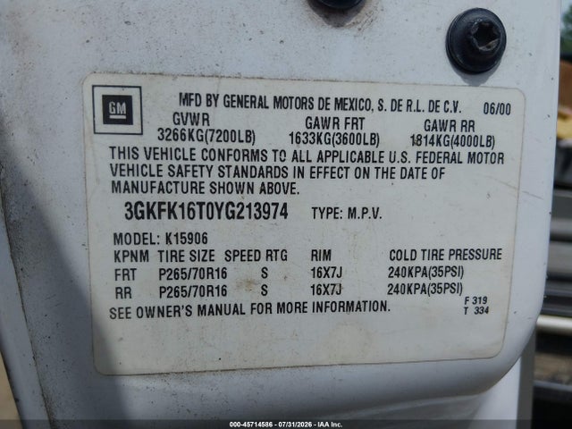 2000 Gmc Yukon Xl 1500 Slt მანქანა იყიდება აუქციონზე, vin: 3GKFK16T0YG213974, აუქციონის ნომერი: 45714586