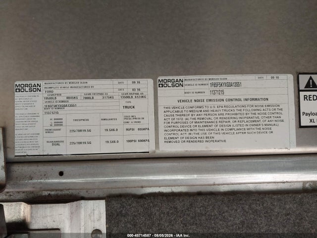 Aukcja sprzedaży 2016 Ford F-59 Commercial Stripped, vin: 1F65F5KYXG0A13551, numer aukcji: 45714587