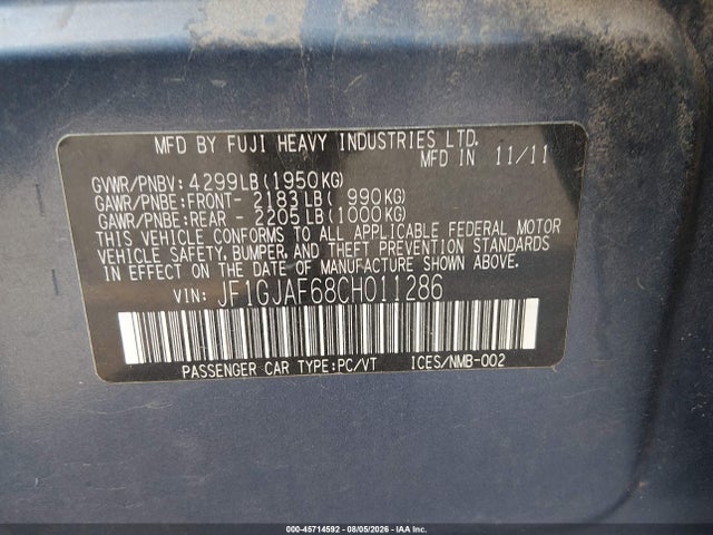 45714592 :رقم المزاد ، JF1GJAF68CH011286 vin ، 2012 Subaru Impreza 2.0i Premium مزاد بيع